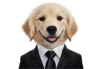 Golden Retriever In A Black Suit Smiling In A Studio Portrait