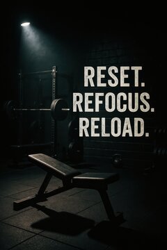 Black weightlifting bench in a dimly lit gym with motivational text reset refocus reload