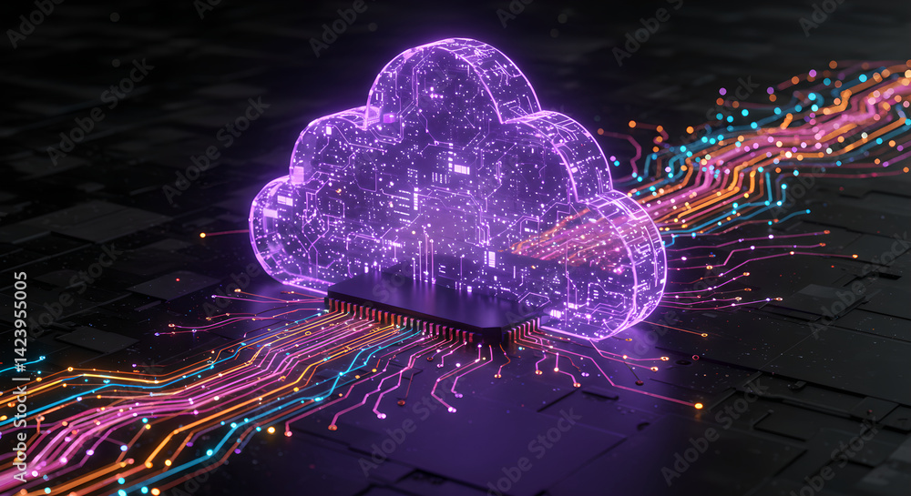 Poster hologram cloud shape on computer chip base surrounded by glowing data streams. cybersecurity, inform
