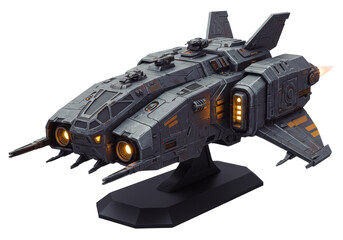 Naklejka premium Futuristic Spacecraft Model with Modern Design in Gray and Orange Colors on a Black Base
