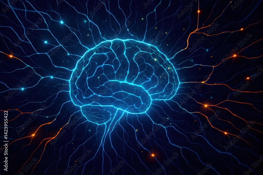 Poster an intricate digital illustration of a glowing brain, surrounded by vibrant light trails representin