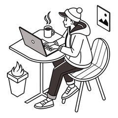 A freelancer icon with a laptop and a coffee mug on a desk vector art design , vector design ,freelancer icon .