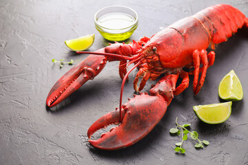 Delicious boiled lobster with lime pieces, oil and microgreens on black table, closeup