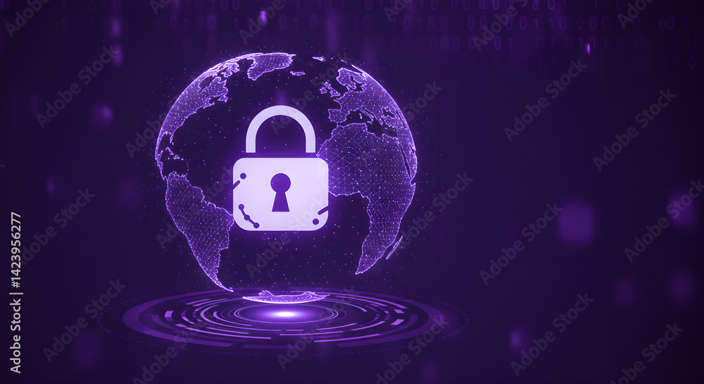 Poster rotating globe with padlock hologram on dark purple background. global network security concept. dig