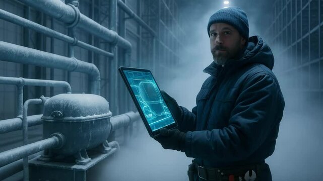 A technician monitors industrial equipment in a cold facility, using a tablet with a digital interface to oversee and optimize machinery operations.