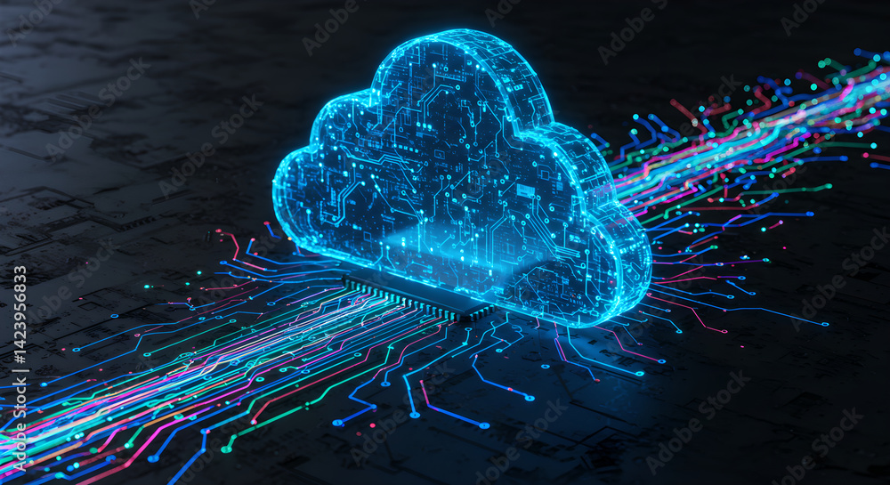 Poster cloud logo on circuit board with glowing abstract data stream. cryptocurrency and blockchain cyberse