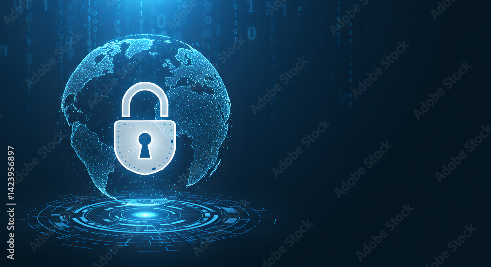 Poster glowing earth hologram with security lock and binary code background. cybersecurity and global data 