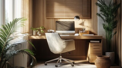 Serene Home Office: Sunlight Illuminates Minimalist Workspace