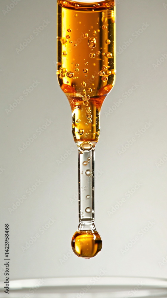Poster golden liquid drop falling from pipette, creating a small bubble in the air, scientific experiment i