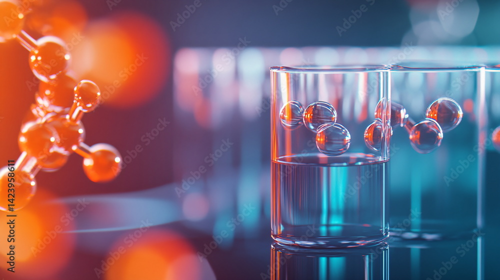 Aufkleber atomic molecule floating inside glass beaker in science laboratory used research and development of 