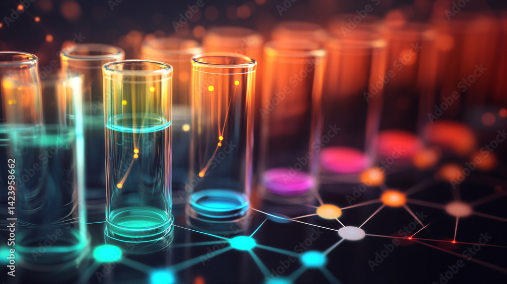 Aufkleber close up view of test tube with futuristic scientific technology data dots and connected network lin