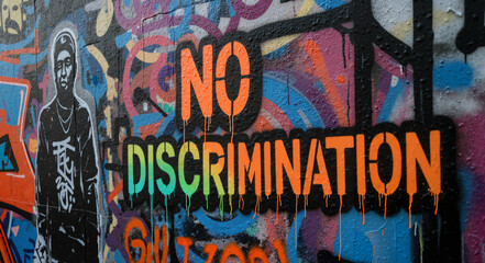 Street art advocating no discrimination on colorful graffiti wall 