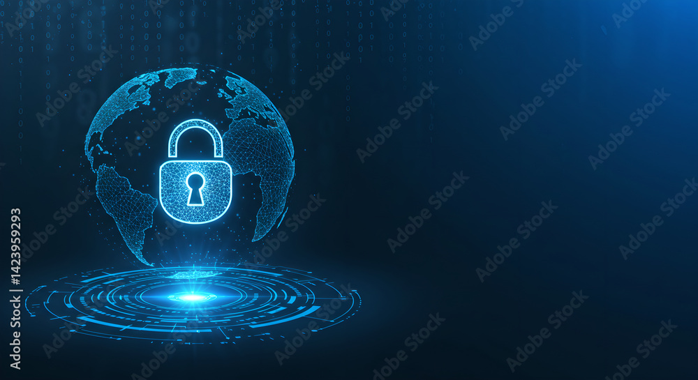 Poster global security network protection with digital padlock and earth hologram. cybersecurity and techno