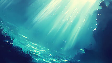 Sunlight streaming through water, ocean depth. Oceanic Mirage. Illustration