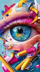 Fototapeta premium creative idea generation creative mindset vision A vibrant, artistic depiction of an eye surrounded by colorful art tools, symbolizing creativity and inspiration.