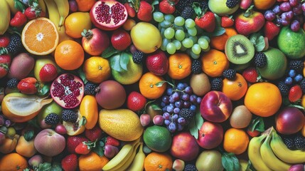 Colorful fruit assortment, vibrant display, healthy eating, overhead view. Possible use Stock photography for food and healthy lifestyle