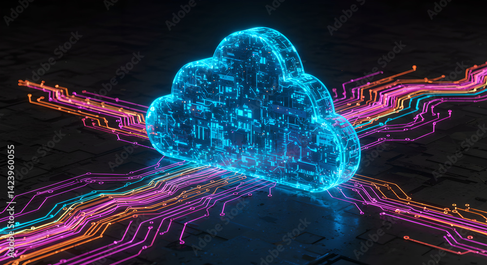 Poster hologram cloud computing in network server room environment design for technology banner, cyber secu