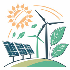 Sustainable Energy Graphic Design With Wind Turbines And Solar Panels Vector