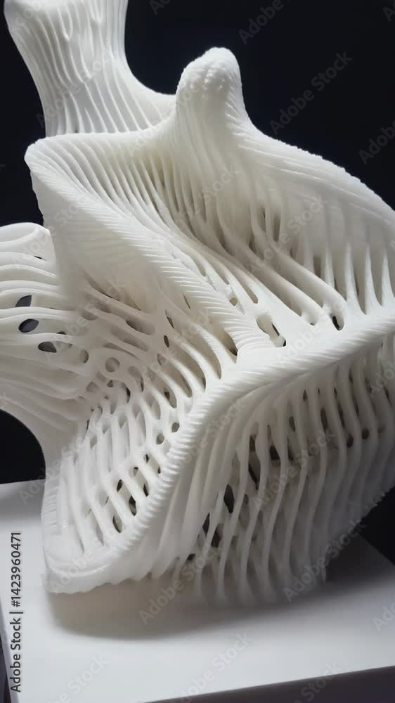 Poster intricate white sculpture made with 3d printing, showing layered abstract art with delicate wavy des
