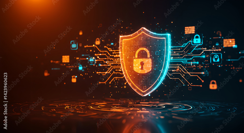 Poster cybersecurity technology shield with digital glowing circuit board and lock symbol for internet data