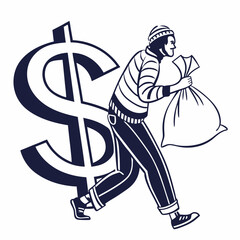 Bank Robber Cartoon Character Running With Sack Of Money Near Dollar Sign