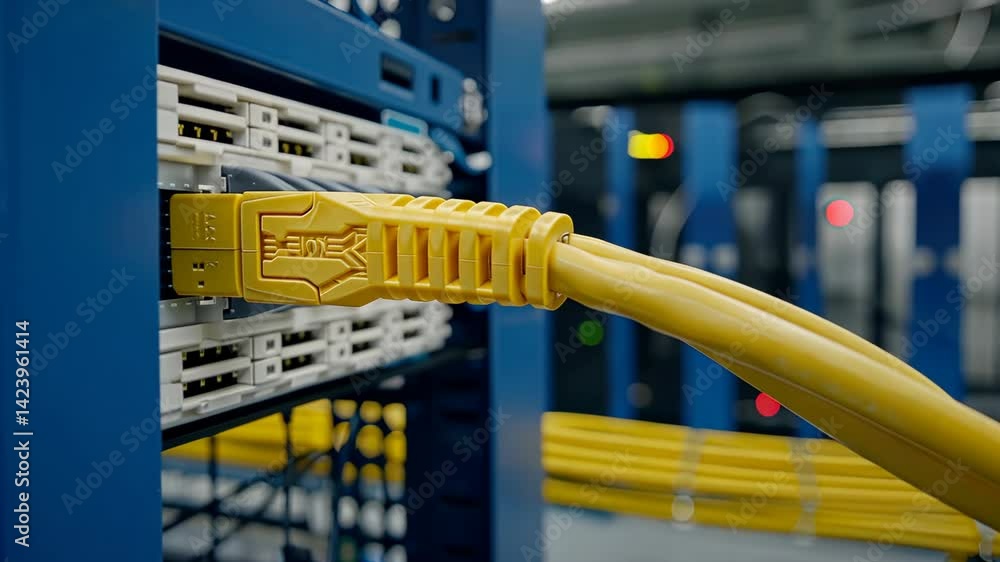 Poster technicians connect network cables in a data center while ensuring organized cable management for ef