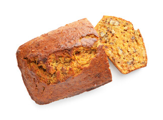Cut homemade carrot cake with nuts isolated on white, top view