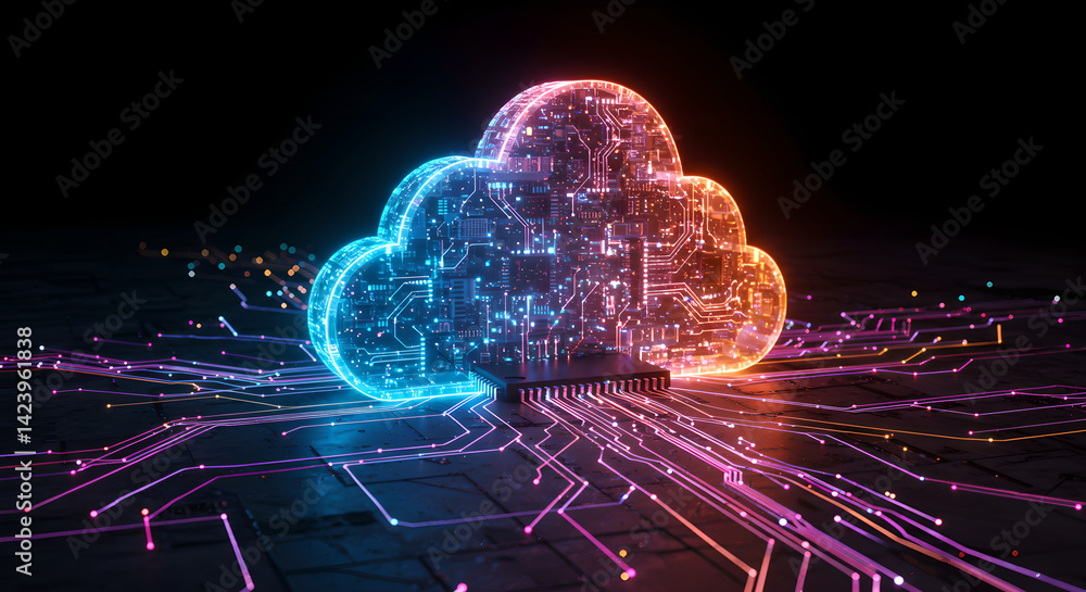 Poster digital cloud concept with futuristic glowing circuit pattern. technology network and database secur