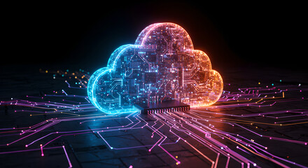Digital cloud concept with futuristic glowing circuit pattern. Technology network and database security. Data protection and storage innovation design element.