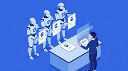 Business Meeting with Robots Presenting Reports to Human Manager