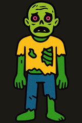 Green zombie with hollow eyes and yellow shirt in naive retro style. Eerie Halloween character with minimalistic features.​