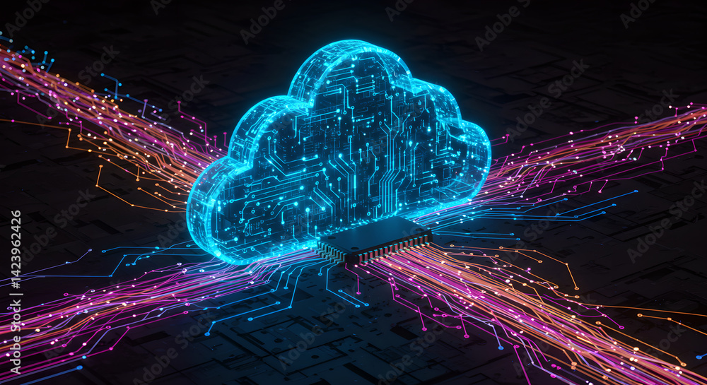 Poster abstract digital cloud shape with glowing circuit board design connected to computer chip. futuristi
