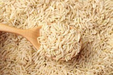 Pile of brown rice with wooden spoon, top view