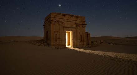 Star trails over a lonely desert watchtower