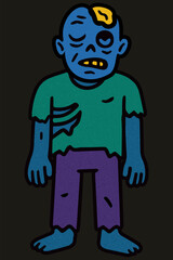 Blue zombie with broken skull and purple pants in naive retro style. Creepy Halloween character with expressive face.​

