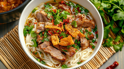 Delicious Bowl of Hearty Beef Noodle Soup Garnished with Fresh Herbs and Spices
