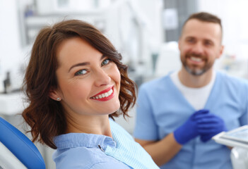 Fototapeta premium smiling woman in dental chair with dentist in background, showcasing positive dental experience