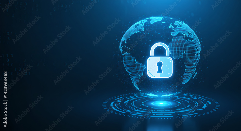 Poster digital hologram of globe with lock icon on dark blue background. concept of cybersecurity against g