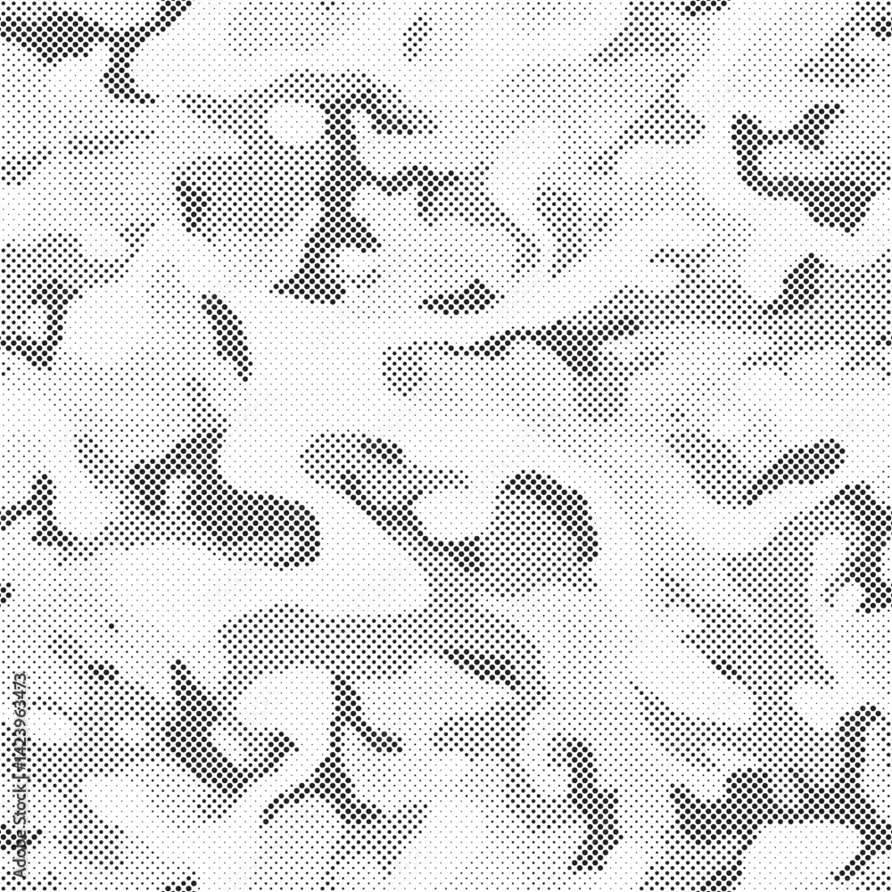 Poster Abstract halftone seamless camouflage pattern. Repeating digital dotted hexagonal camo military texture background. Abstract modern fabric textile ornament. Vector illustration.