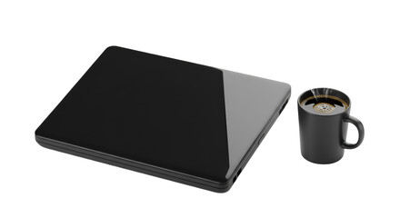 Black laptop coffee mug minimalist workspace