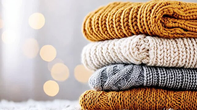 Cozy knitted sweaters stacked with warm bokeh background