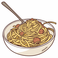 Hand Drawn Bowl Of Spaghetti With Meatballs And Fork Illustration
