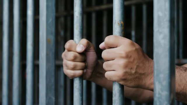 man gripping prison bars with both hands, captivity, justice, and loss of freedom, dramatic lighting emphasizing tension and confinement in dark setting