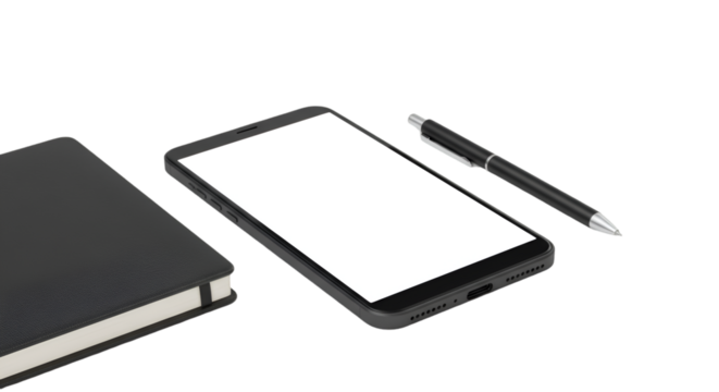 Black smartphone notebook pen mockup