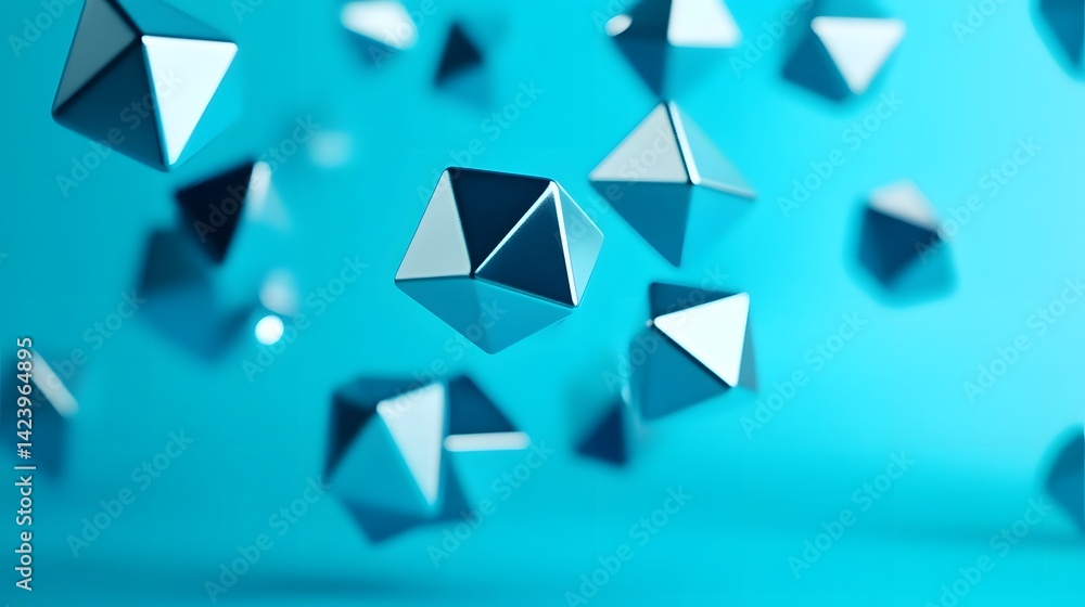 Poster floating holographic blue 3d geometric digital rendering with futuristic abstract shapes and pattern