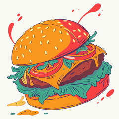 Illustration Of A Delicious Cartoon Burger With Fresh Ingredients And Ketchup Splatters