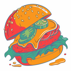Delicious Burger With Fresh Ingredients Vector Illustration For Fast Food Concept