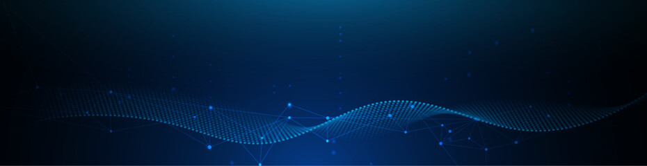 Vector illustration abstract technology with molecule, Flowing dot particle wave flow line, wireframe and dot on blue background. Datum technology network, science, artificial intelligence concept