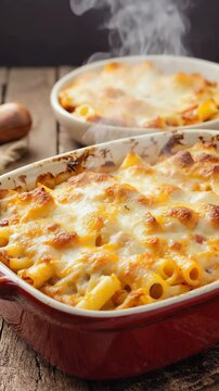 Baked ziti in a red casserole dish with melted cheese and steam rising on a rustic wooden table, showing another bowl of the pasta dish in the background.