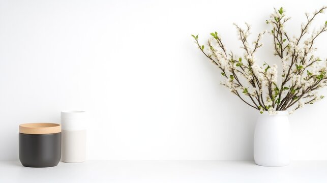 Simple, minimalist home decor with a vase of spring blossoms.  